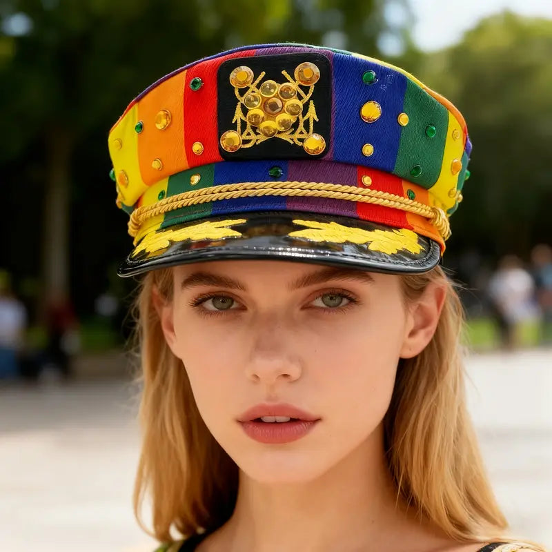 Sparkling Yacht Captain Hat Rhinestone - Rainbow Glitter Party Hat for Summer Parades,
