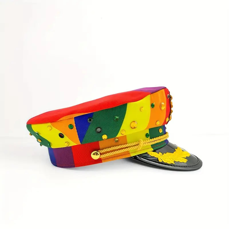 Sparkling Yacht Captain Hat Rhinestone - Rainbow Glitter Party Hat for Summer Parades,